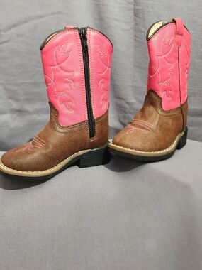 Old West Pink & Brown Girls Cowgirl Boots with Side Zipper